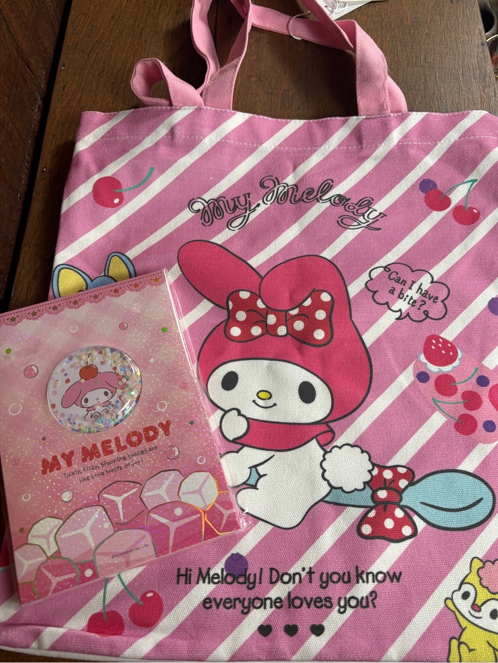 Miniso Sanrio My Melody, Hello Kitty Pink Stripe Tote Bag and Notebook